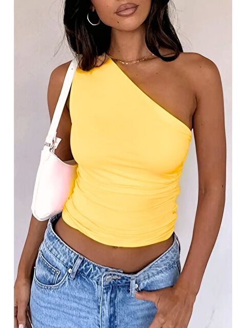 Tarz Cool Kadın Açık Sarı Tek Omuzlu Basic Dar Kesim Slim Fit Bluz - S000420659-20072