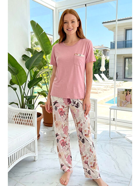 Remsa Kadın Viskon Kumaş Kısa Kol Pijama Takımı 3348 Pembe02