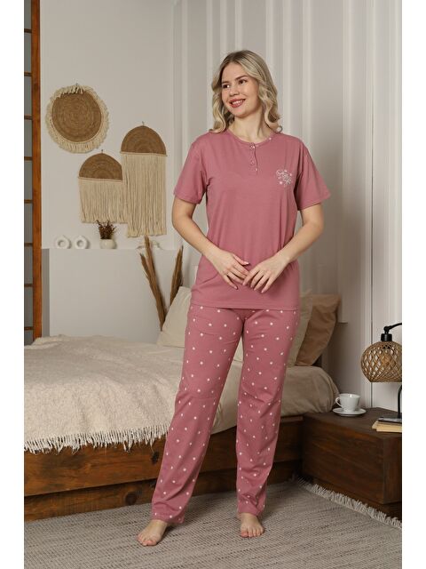 Formo Kadın Modal Kumaş Yıldızlı Düğmeli Kaliteli Esnek Rahat Kısa Kollu Pijama Takımı