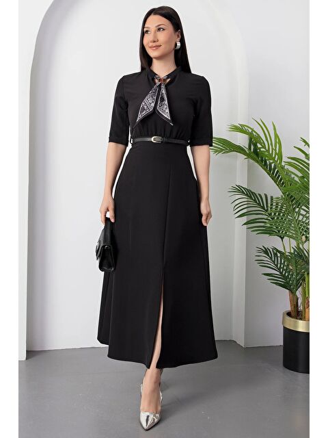 Jane's Kadın Kısa Kollu Fular Ve Kemer Detay önden Yırtmaçlı Maxi Boy Elbise - S000529065-19351