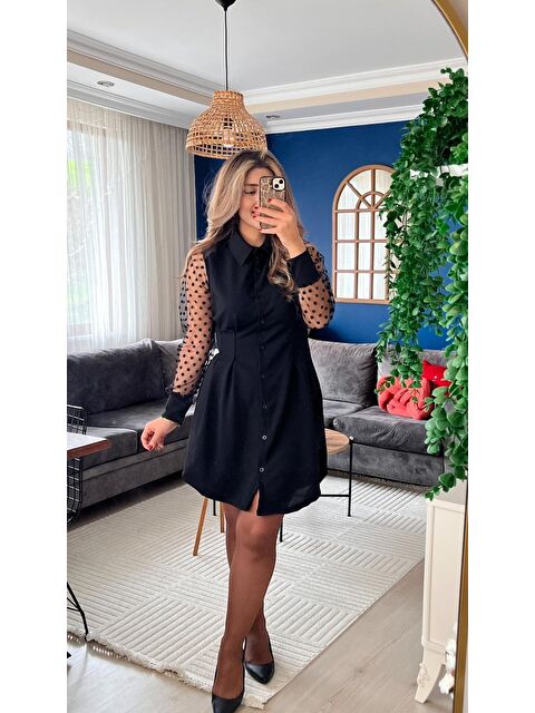 Jane's Kadın Uzun Kollu Yakalı Düğmeli Mini Ithal Krep Elbise - S000529066-19351