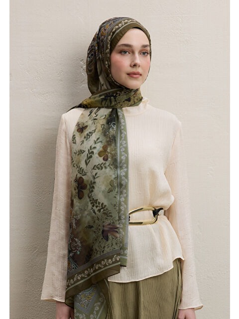 Fresh Scarfs Ellen Desen İpek Krep Şal Haki - S000420369-18547