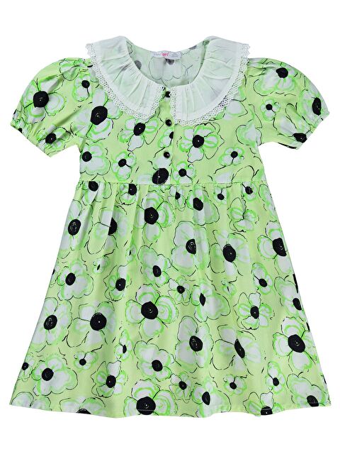 Zeyneva Timo Beyaz Yakalı Çiçekli Elbise 6-9 Yaş - Yeşil