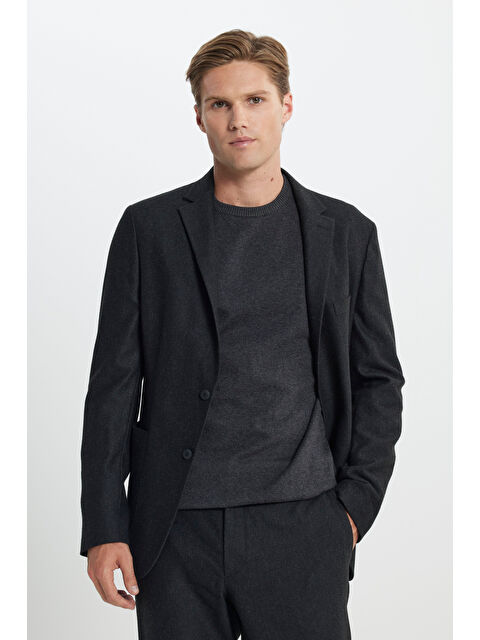 Altınyıldız Classics Erkek Antrasit Yünlü Slim Fit Dar Kesim Mono Yaka Beli Bağlamalı Diagonal Desenli Takım Elbise