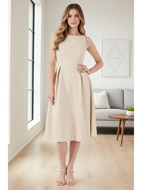 Lela Regular Fit Bisiklet Yaka Cepli Pileli Midi Boy Kadın Elbise 6111963