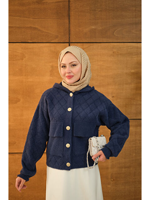 Locco Moda Kadın Kendinden Desenli Kapüşonlu Hırka Lacivert - S000492519-21164