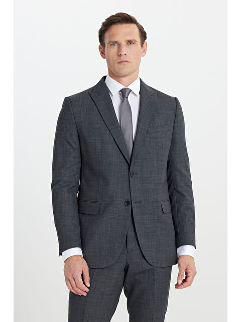 Altınyıldız Classics Erkek Antrasit Yünlü Cordura Kumaş Slim Fit Kırlangıç Yaka Desenli Kapak Cepli Takım Elbise