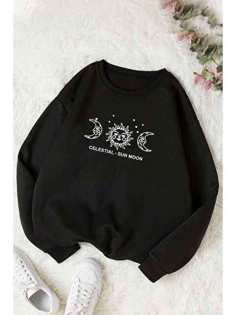 uyguntarz Unisex Sun Moon Bisiklet Yaka %100 Pamuk Sweatshirt - S000269753-19351