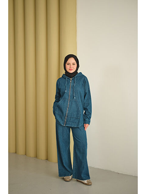 Locco Moda Kadın Kapüşonlu Jean Takım Mavi - S000492615-17234