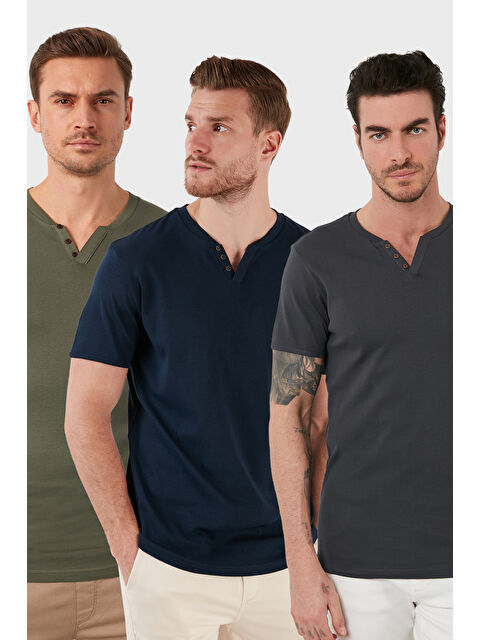 Buratti Pamuklu Düğme Detaylı Slim Fit V Yaka 3'lü Paket %100 Pamuk Tişört 5902122S3 - S000387127-249