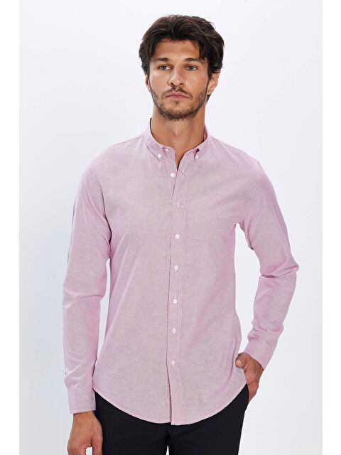 TUDORS Erkek Slim Fİt Dar Kesim Uzun Kollu Pamuklu Çizgili 4 Mevsim Düğmeli Yaka Gömlek