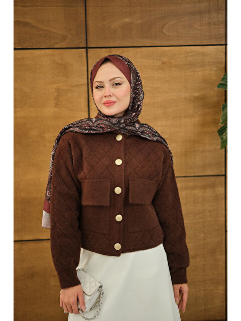 Locco Moda Kadın Kendinden Desenli Kapüşonlu Hırka Kahverengi - S000492519-19965