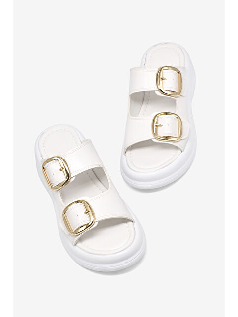 TONNY BLACK Kadın Beyaz Yüksek Tabanlı Rahat Çift Tokalı Terlik