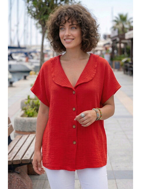 Chiccy Kırmızı Bebe Yaka Düşük Kol Düğmeli Casual Müslin Oversize Dokuma Bluz 70 65