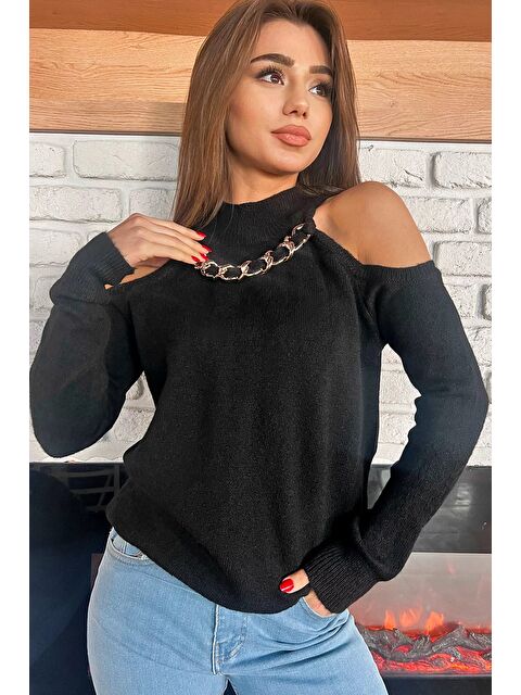 Gülseli Kadın Ön Zincir Detaylı Omuz Dekolteli Triko Bluz (s-m-l Beden Uyumludur) - S000300602-19351