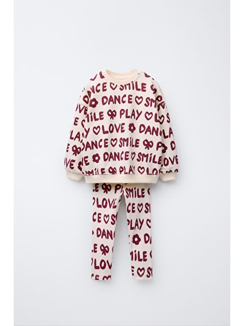 Magu Kız Çocuk Pamuklu Ekru Bordo Yazı Baskılı Sweatshirt Ve Tayt Takım - Love Smile Dance - S000424590-23173