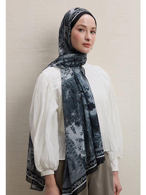 Fresh Scarfs Carına Desen İpek Krep Şal Antrasit - S000459378-29666