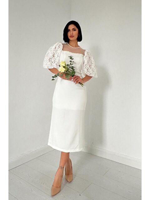 Jane's Ekru İncili Tül Detay Elbise - S000529071-19965