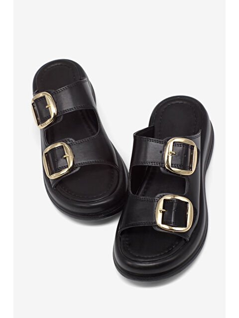 TONNY BLACK Kadın Siyah Yüksek Tabanlı Rahat Çift Tokalı Terlik