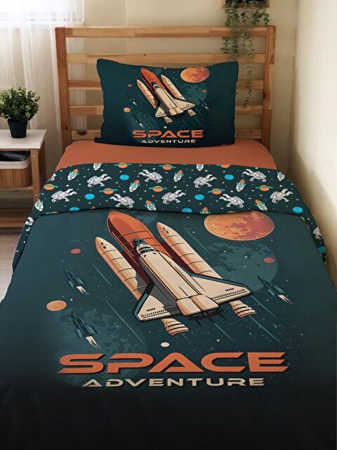 Evmila Çift Taraflı Uzay Mekiği Desenli Çarşafsız Takım Tek Kişilik Nevresim Takımı 160x220 Cm - S000123267-23173