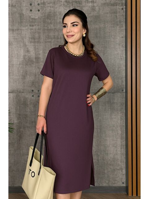 Jane's Kadın Kısa Kollu Bisiklet Yaka Yırtmaçlı Viskon Iki Iplik Elbise - S000527903-19951