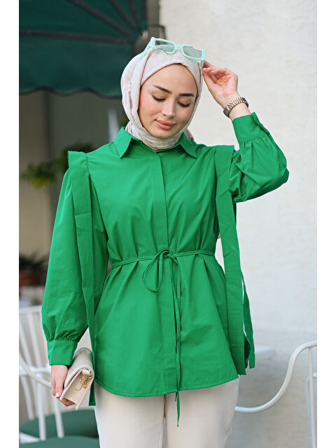 Locco Moda Kadın Pile Detay Önü Gizli Düğmeli Gömlek Yeşil - S000180321-18194