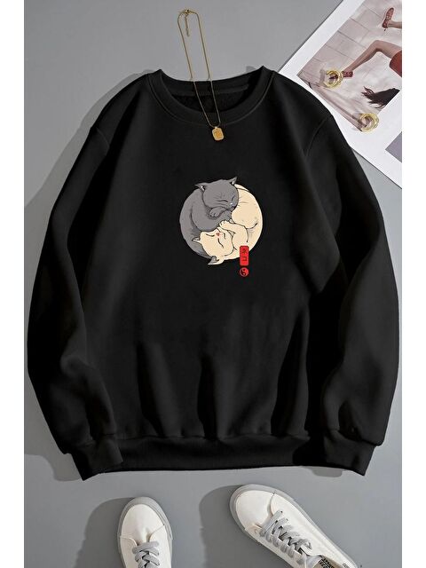 uyguntarz Unisex Shinobi Kedi Bisiklet Yaka %100 Pamuk Sweatshirt - S000269603-19351