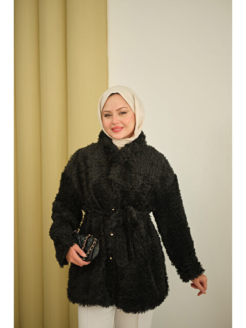 Locco Moda Kadın Yaka Bağlamalı Pelüş Hırka Siyah - S000492482-19351