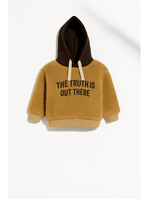 Magu Unisex Çocuk Pamuklu Kahverengi Teddy Sweatshirt - Kapüşonlu Ve Yazı Baskılı - S000429118-19413