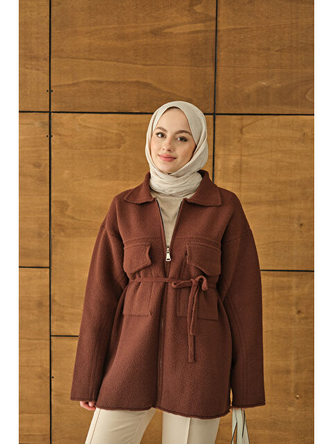 Locco Moda Kadın Cepli Keçe Hırka Kahverengi - S000492510-19413