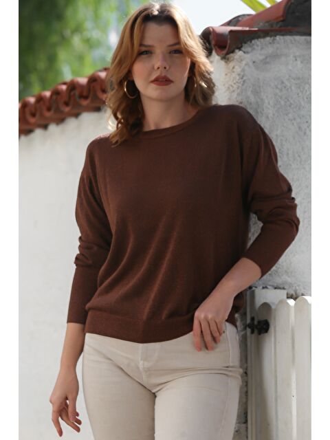 Chiccy Kahverengi Yuvarlak Yaka Uzun Kol İnce Simli Triko Kazak 65 62 - S000468963-19413