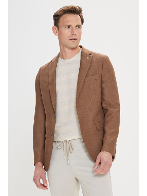 Altınyıldız Classics Erkek Kahverengi Slim Fit Dar Kesim Mono Yaka Armürlü Blazer Ceket