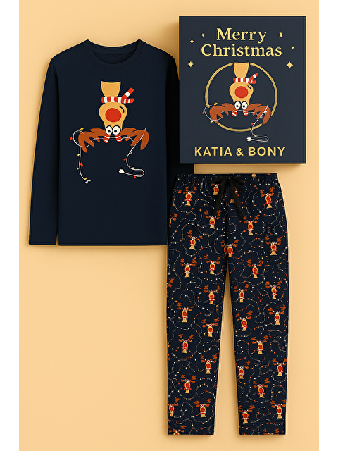 Katia And Bony Çocuk Geyik Desenli Kutulu Yılbaşı Pijama Takımı Lacivert - S000487233-21164