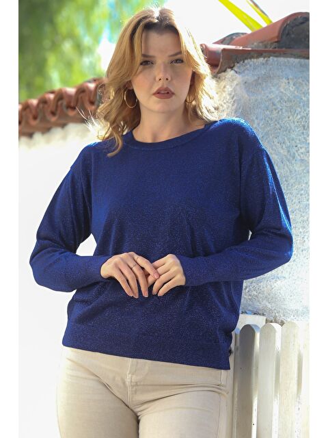 Chiccy Lacivert Yuvarlak Yaka Uzun Kol İnce Simli Triko Kazak 65 62 - S000468963-21164