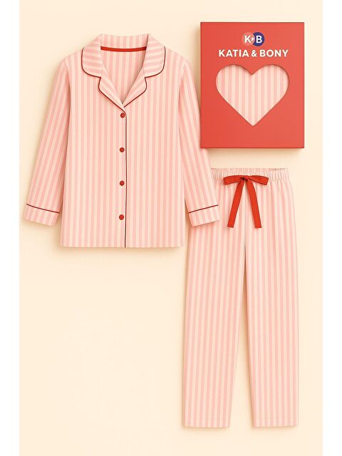 Katia And Bony Kız Çocuk Kalpli Kutulu Çizgili Pijama Takımı Pembe - S000487238-20024