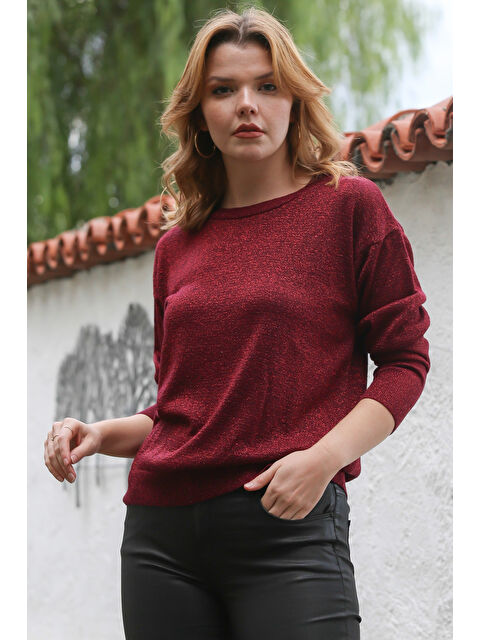 Chiccy Bordo Yuvarlak Yaka Uzun Kol İnce Simli Triko Kazak 65 62 - S000468963-19951