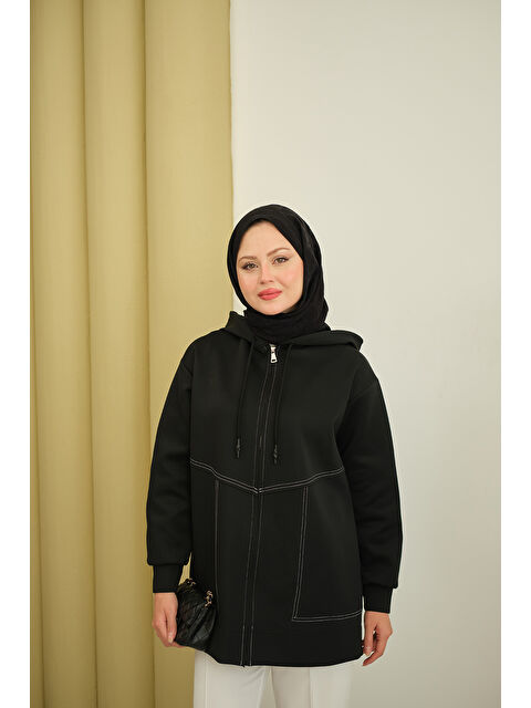 Locco Moda Kadın Dikiş Detay Kapüşonlu Hırka Siyah - S000492608-19351