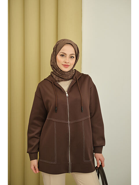 Locco Moda Kadın Dikiş Detay Kapüşonlu Hırka Kahverengi - S000492608-19413
