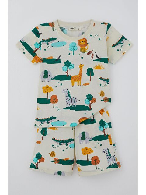 Breeze Erkek Çocuk Şortlu Pijama Takımı Safari Temalı Sevimli Hayvancıklar Desenli Sarı (1.5-5 Yaş)