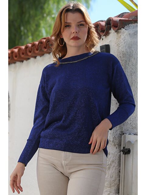 Chiccy Lacivert Yuvarlak Yaka Uzun Kol İnce Taşlı Simli Triko Kazak 65 62 - S000468964-21164