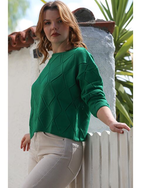 Chiccy Yeşil Yuvarlak Yaka Uzun Kol Baklava Desenli Ajur Örgü Triko Kazak 55 62 - S000468969-18194