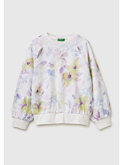 United Colors Of Benetton Kız Çocuk Ekru Önü Kesik Detaylı Baskılı Yuvarlak Yaka Sweatshirt