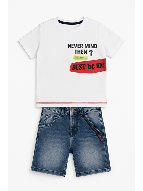 Magu Erkek Çocuk Pamuklu Baskılı T-Shirt Ve Fermuar Detaylı Jean Şort Takım - S000407754-23173