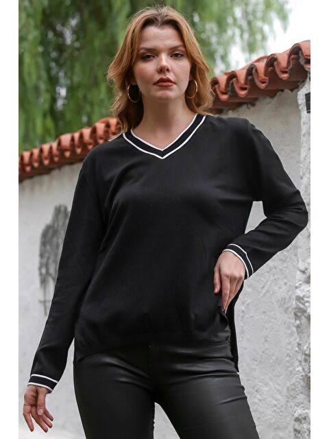 Chiccy Siyah V Yaka Uzun Kol İnce Yırtmaçlı Triko Kazak 65 60 - S000468967-19351