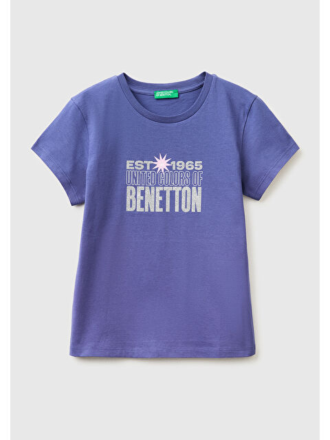 United Colors Of Benetton Kız Çocuk Koyu Lacivert Simli Logolu Bisiklet Yaka T-Shirt