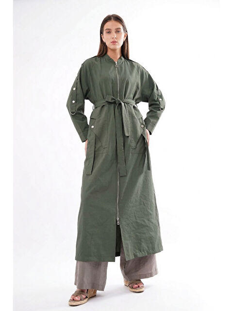 Remsa Kolu Çıtçıt Detay Önden Fermuarlı Safari Kap Ceket 820 Yeşil - S000531375-18194