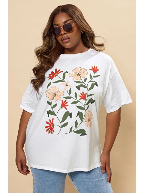 Stil Diva Büyük Beden Kısa Kollu Bisiklet Yaka Çiçek Desenli T-shirt 304177 - S000425612-20063