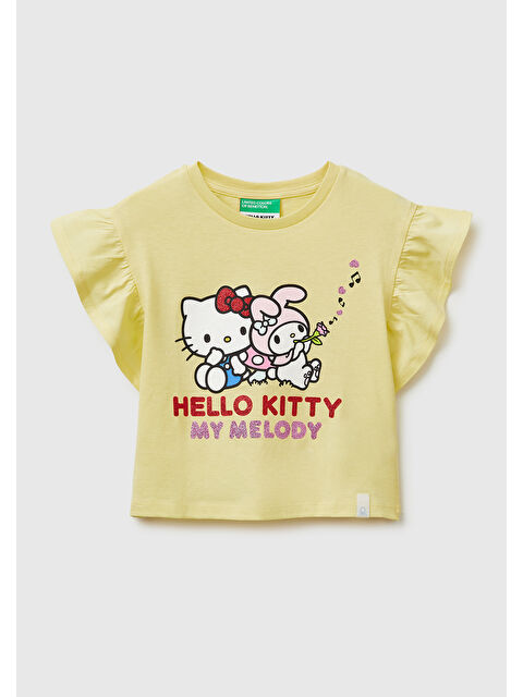 United Colors Of Benetton Kız Çocuk Sarı Simli Grafik Baskılı Etek Ucu Logo Etiketli Bisiklet Yaka T-Shirt