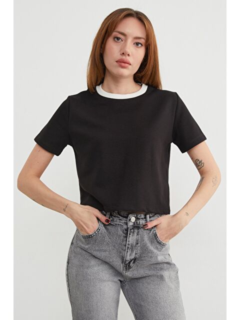 Fullamoda Basic Ribana Yaka Mevsimlik Crop Tişört - S000455055-19351