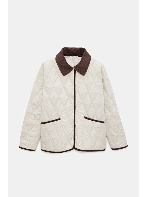 Saade Ekru Kadın Relax Fit Kadife Yaka Biye Detaylı Kapitone Mont - Heritage - S000506760-20063